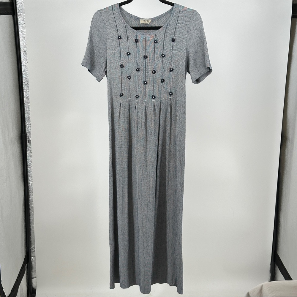2010’s Teddi Navy White Houndstooth Maxi Dress with Flower Embellishments